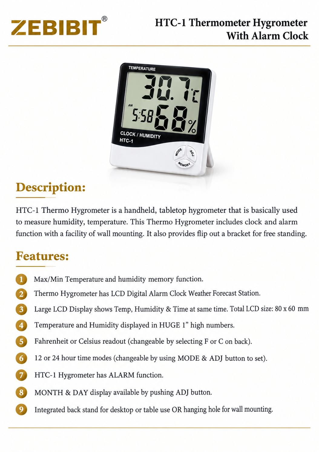 Thermometer, Hygrometer with Alarm Clock